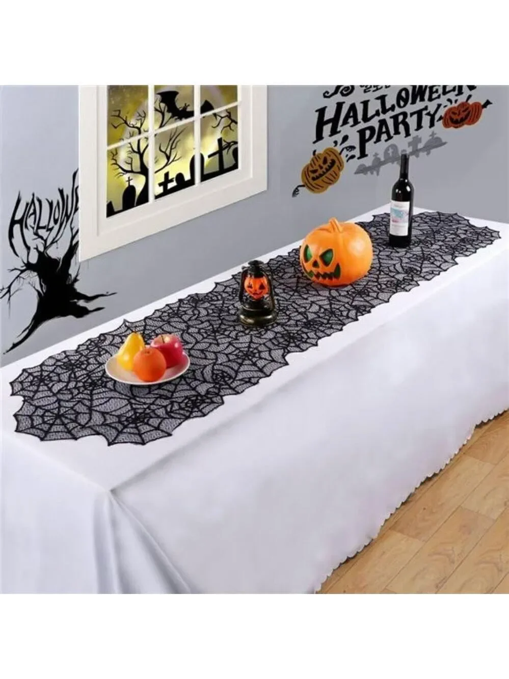 Halloween spider web lace table runner black 20x80 inch haunted house decor